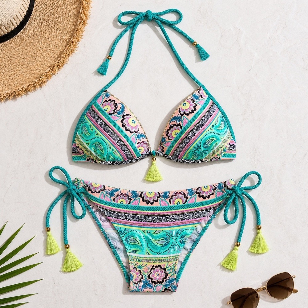 Shade & Shore Bikini Set Boho Print Tassel Tie Sides XL Bottom 36C Top EUC